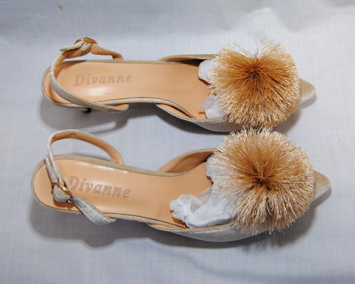 Divanne Women’s Puff Pompom Slingback Pumps Pointed Toe Kitten Heels New T2346