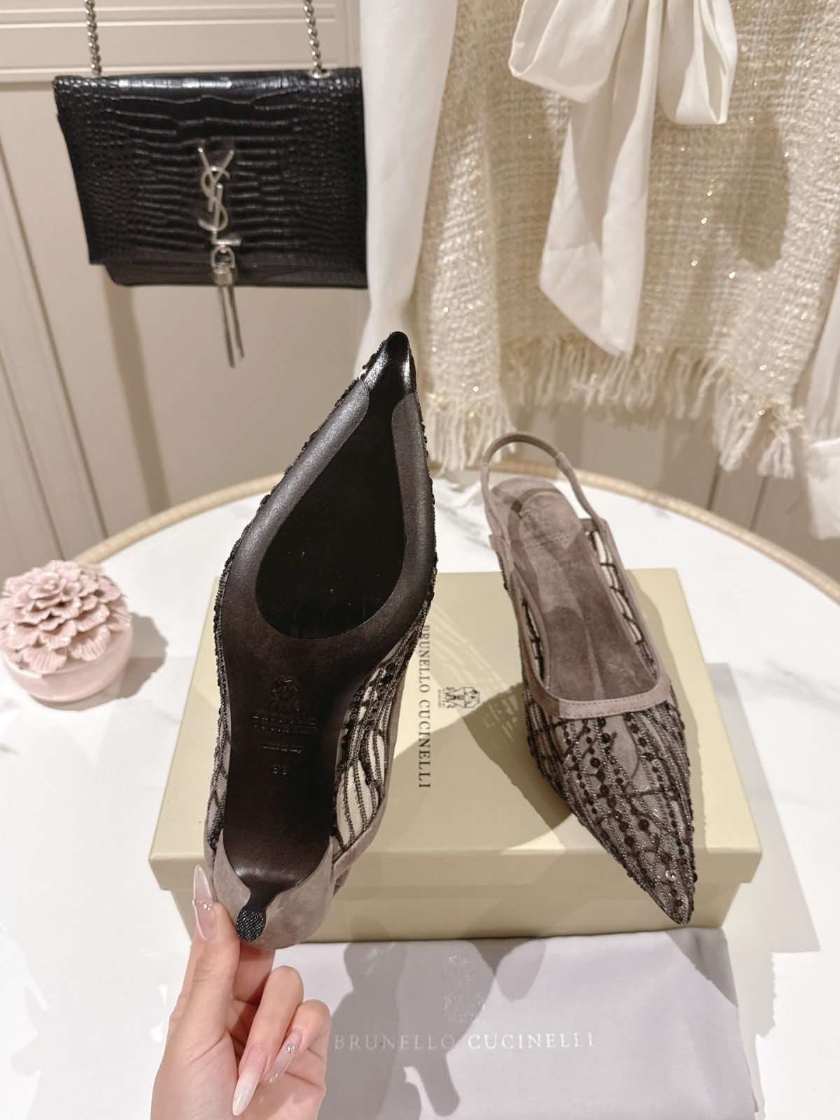 Brunello Cucinelli Luxury Womens Mesh Slingback Flats Brown Size EU 35-42