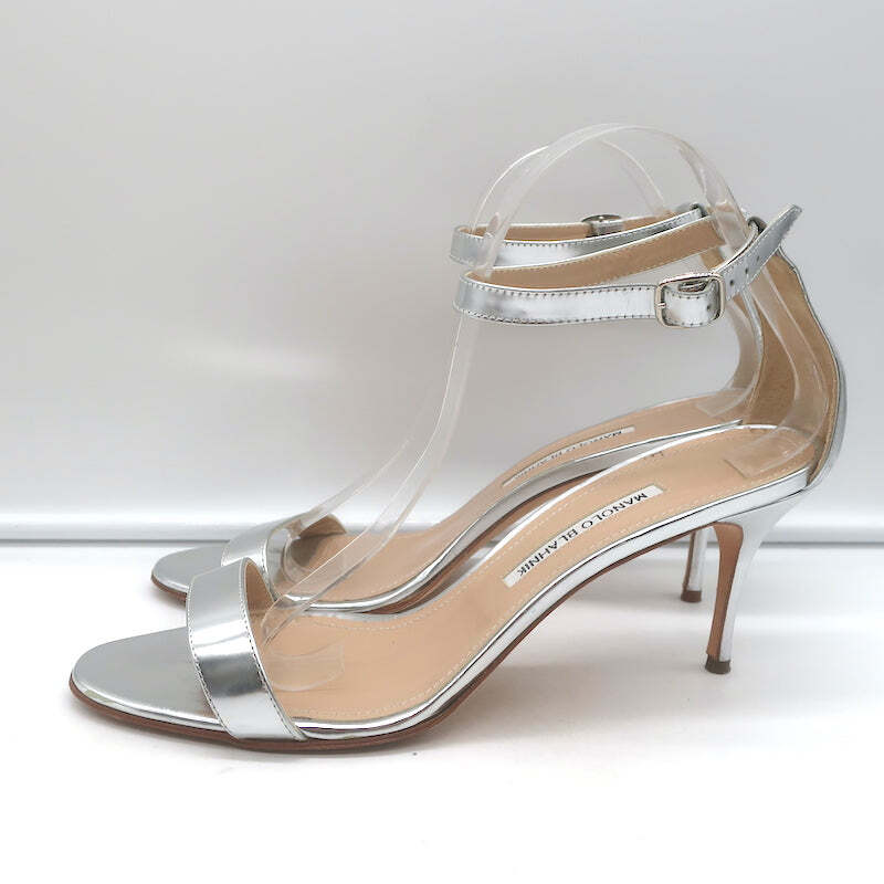 Manolo Blahnik Chaos Ankle Strap Sandals Silver Metallic Leather Size 41.5