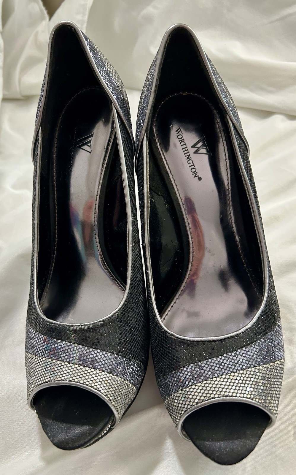 Worthington Women’s Black/Silver Glitter Peep Toe Stiletto Slip-On Pumps 7.5