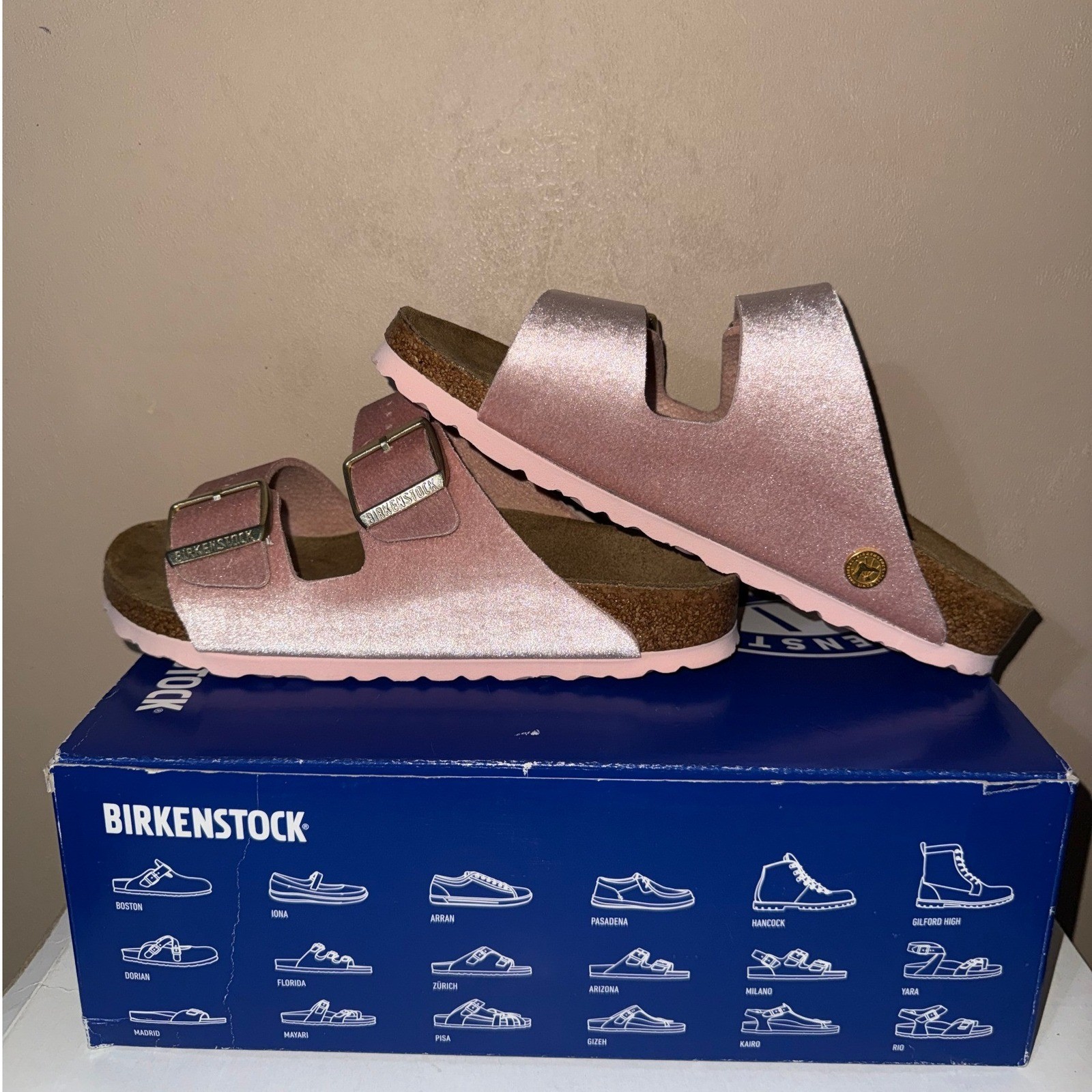 Birkenstock Arizona Rivet Logo Light Rose Pink Velvet Shimmer Sandals 37 Narrow