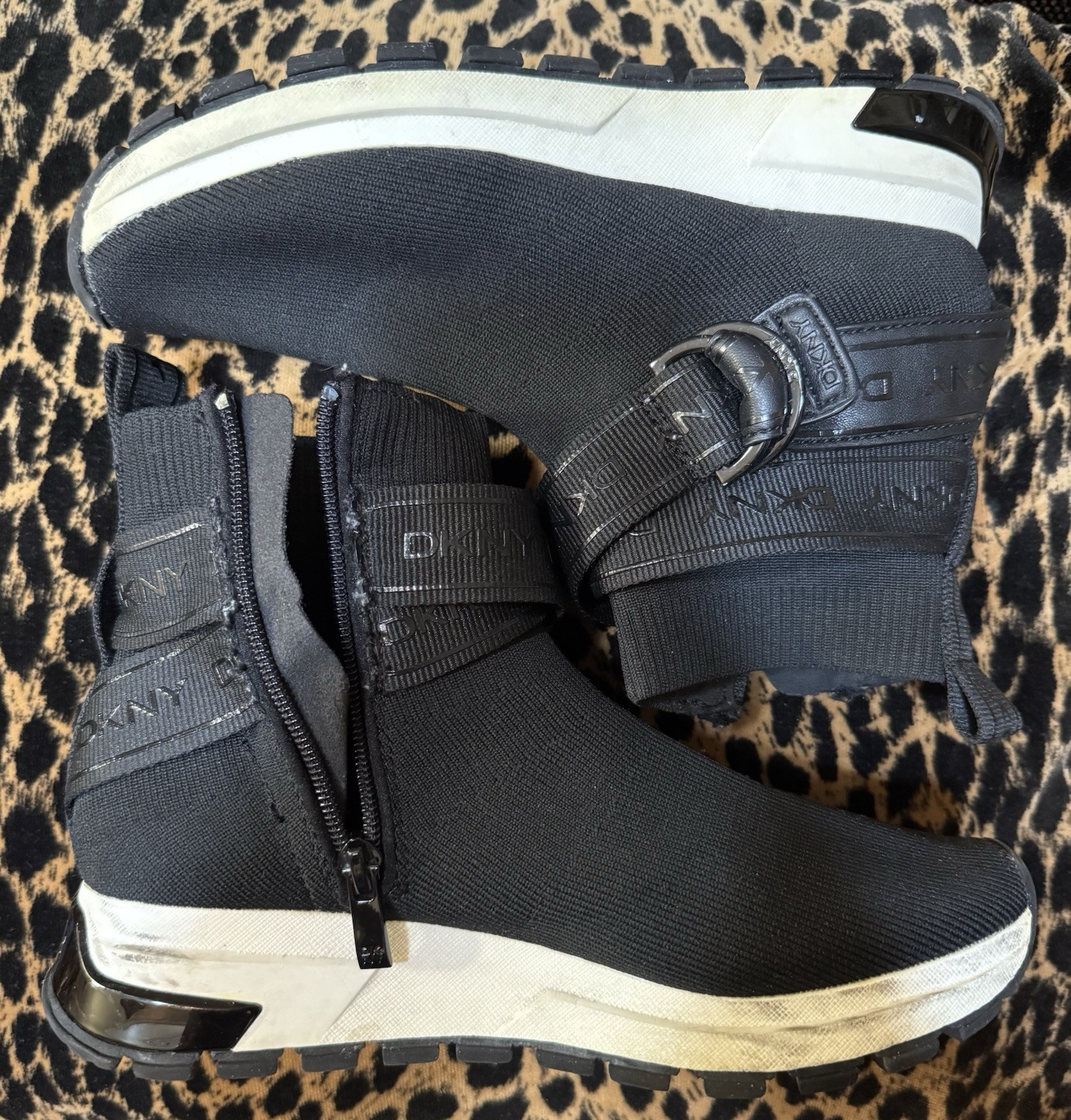 DKNY Miley Black Sock Sneakers Logo Buckle Strap Slip On High Top Shoes Size 7M