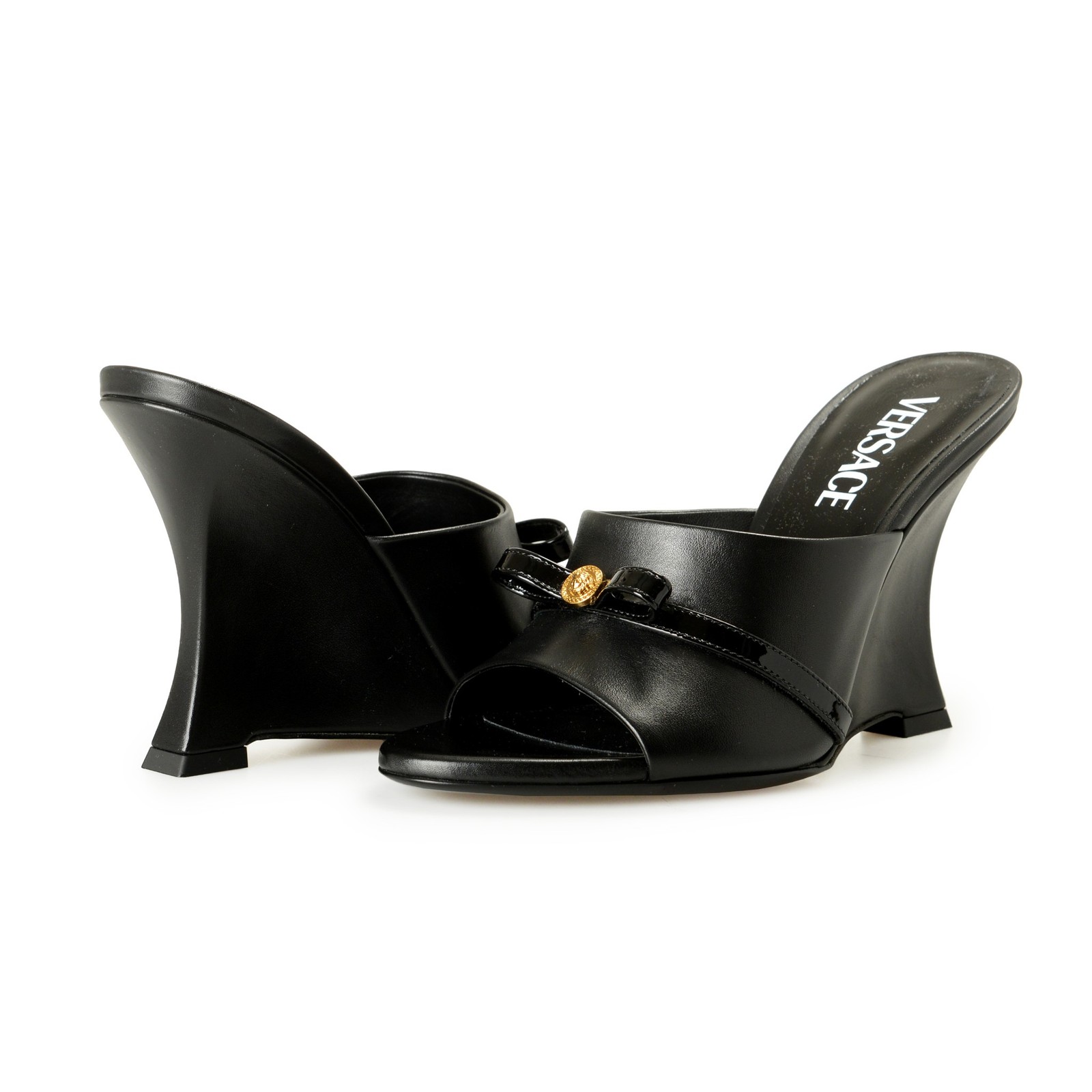Versace Women’s Black Leather Gold Medusa Heeled Sandals Mules Shoes US 6 IT 36