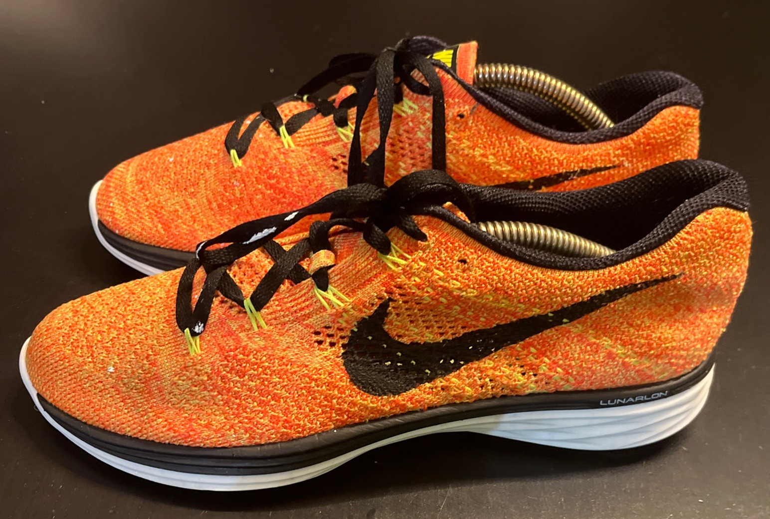 Nike Flyknit Lunar 3 Sneakers Shoes Bright Mango Volt 698182-700 Womens Size 8.5