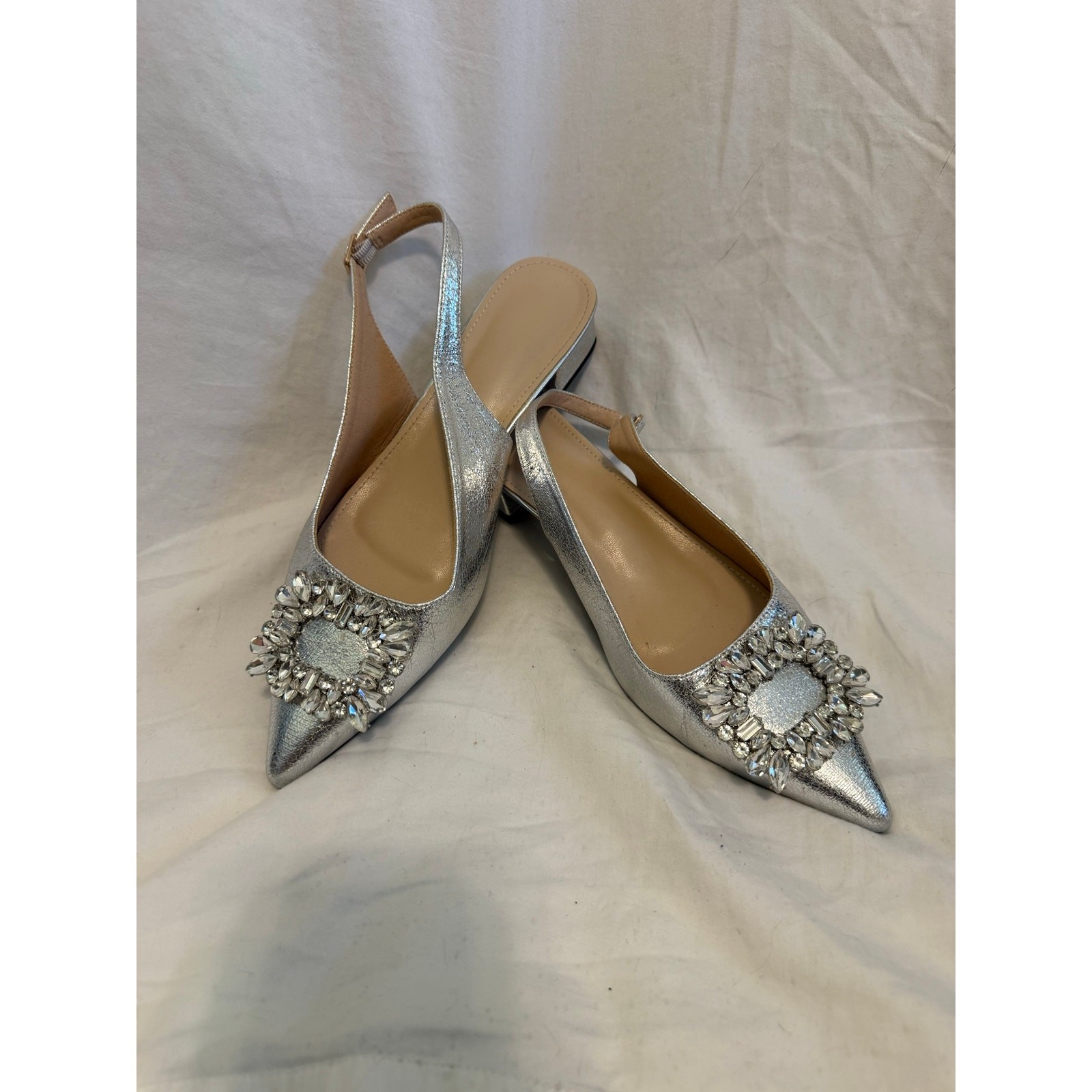 Silver Metallic Pointed Toe Kitten Heels with Sparkly Buckle Detail