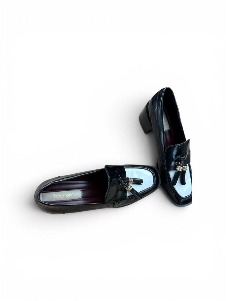 Franco Sarto Black and White Patent Leather Tassel Block Heel Loafers