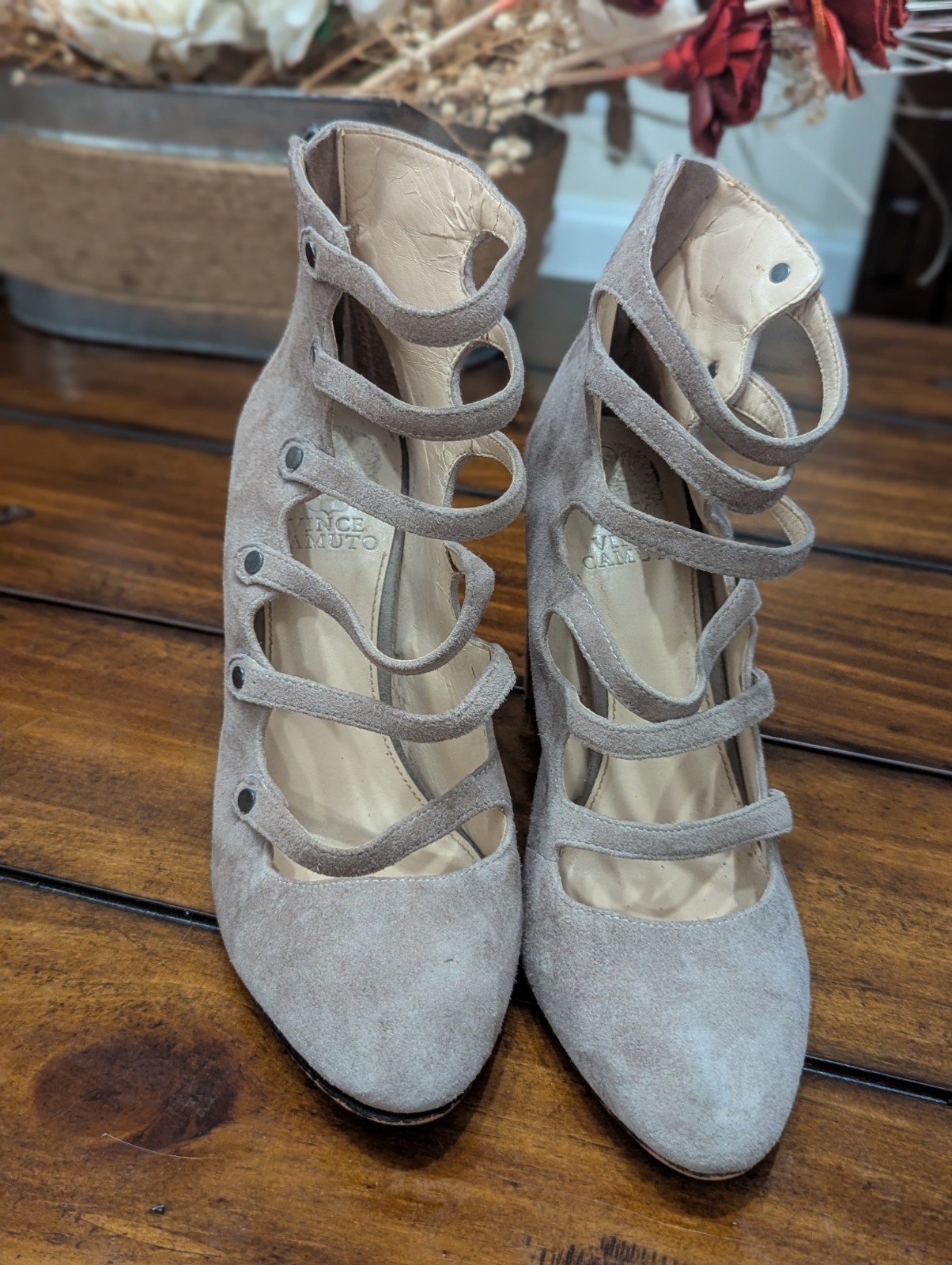 Vince Camuto Davel Stone Taupe Suede Strappy Block Heel Pump Zip Size 8M 38