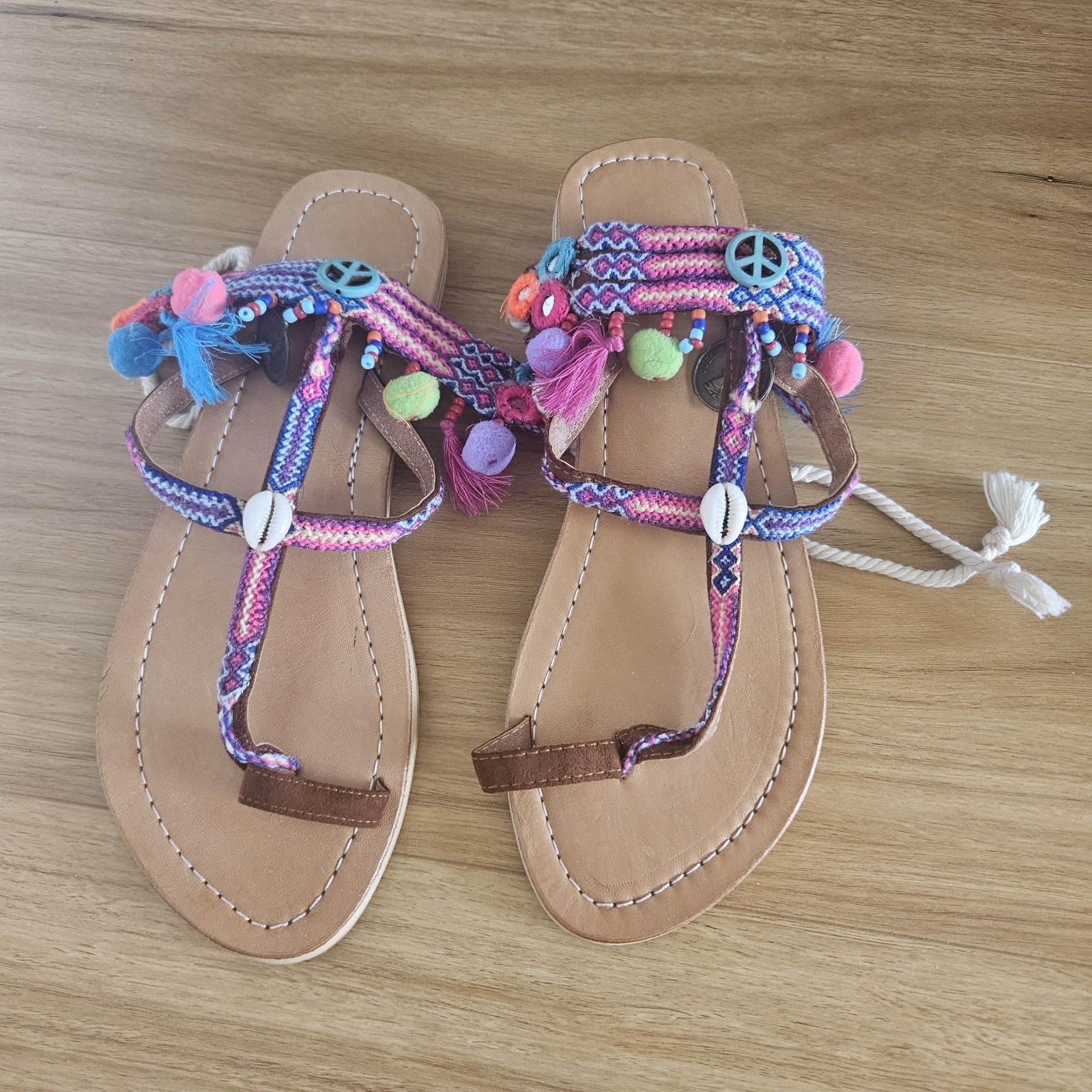 Hippie Boho Bali Made Unique Embroidered Beaded Festival Sandals Thongs Size 8au