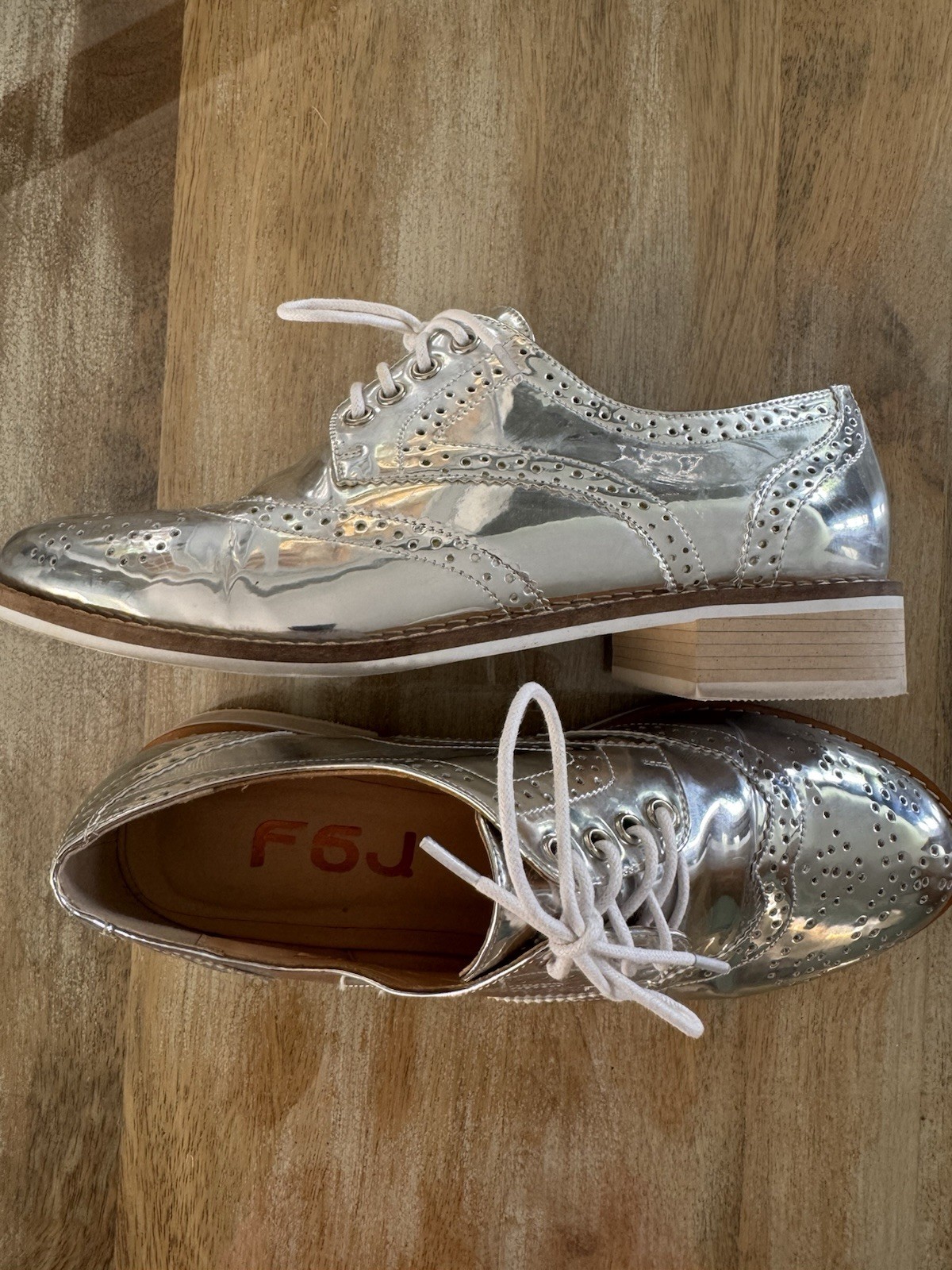 FSJ Metallic Brogue Wingtip Lace Up Oxfords