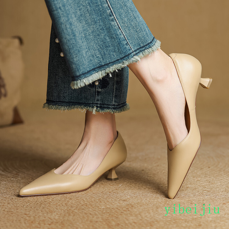 Women’s 100% Real Leather Low Kitten Heel Classic Dress Shoes Casual Office Lady