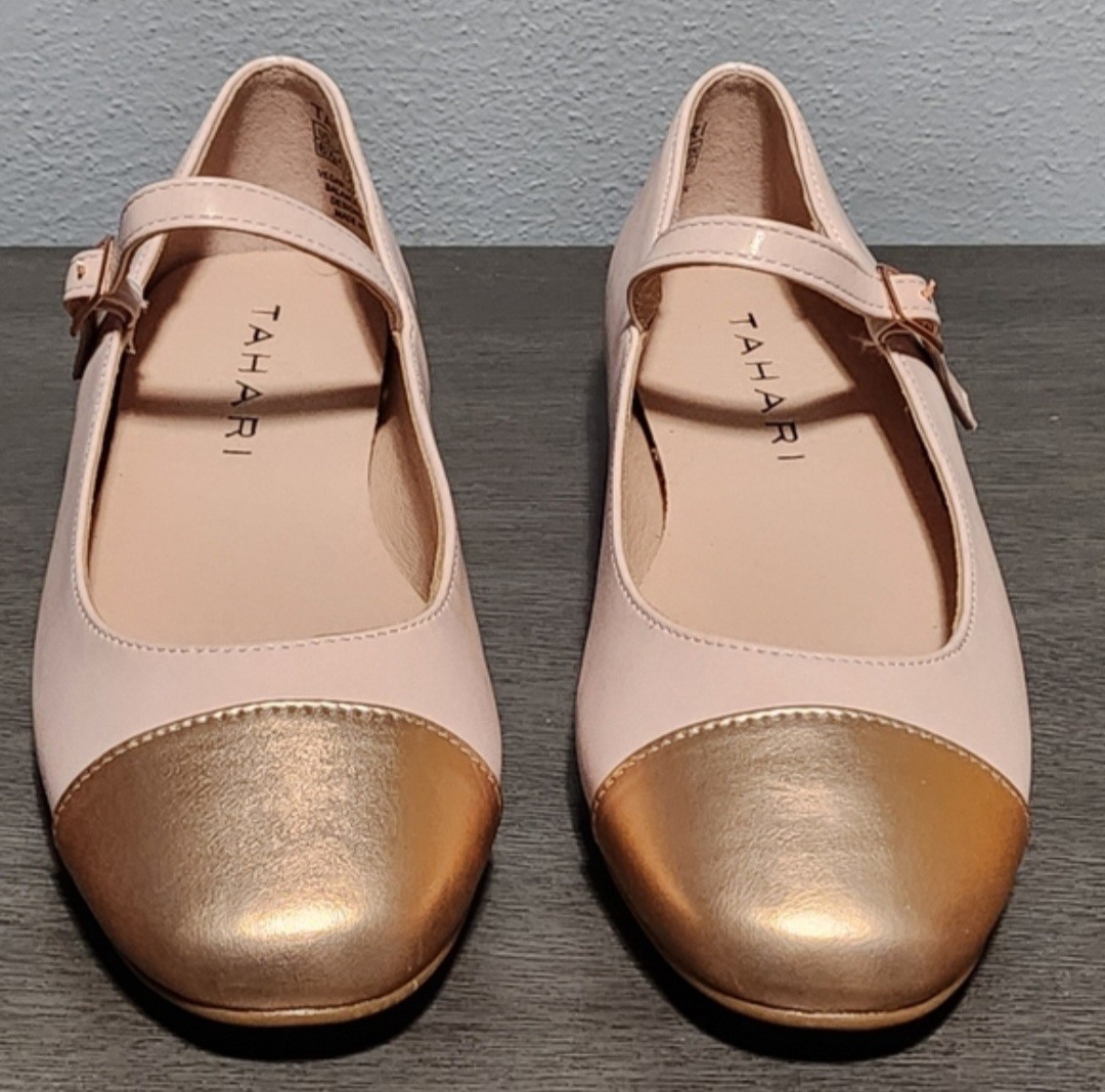 TAHARI Mary Jane Ballet Flats Womens 6.5 Pink Gold Cap Toe Balletcore Lolita