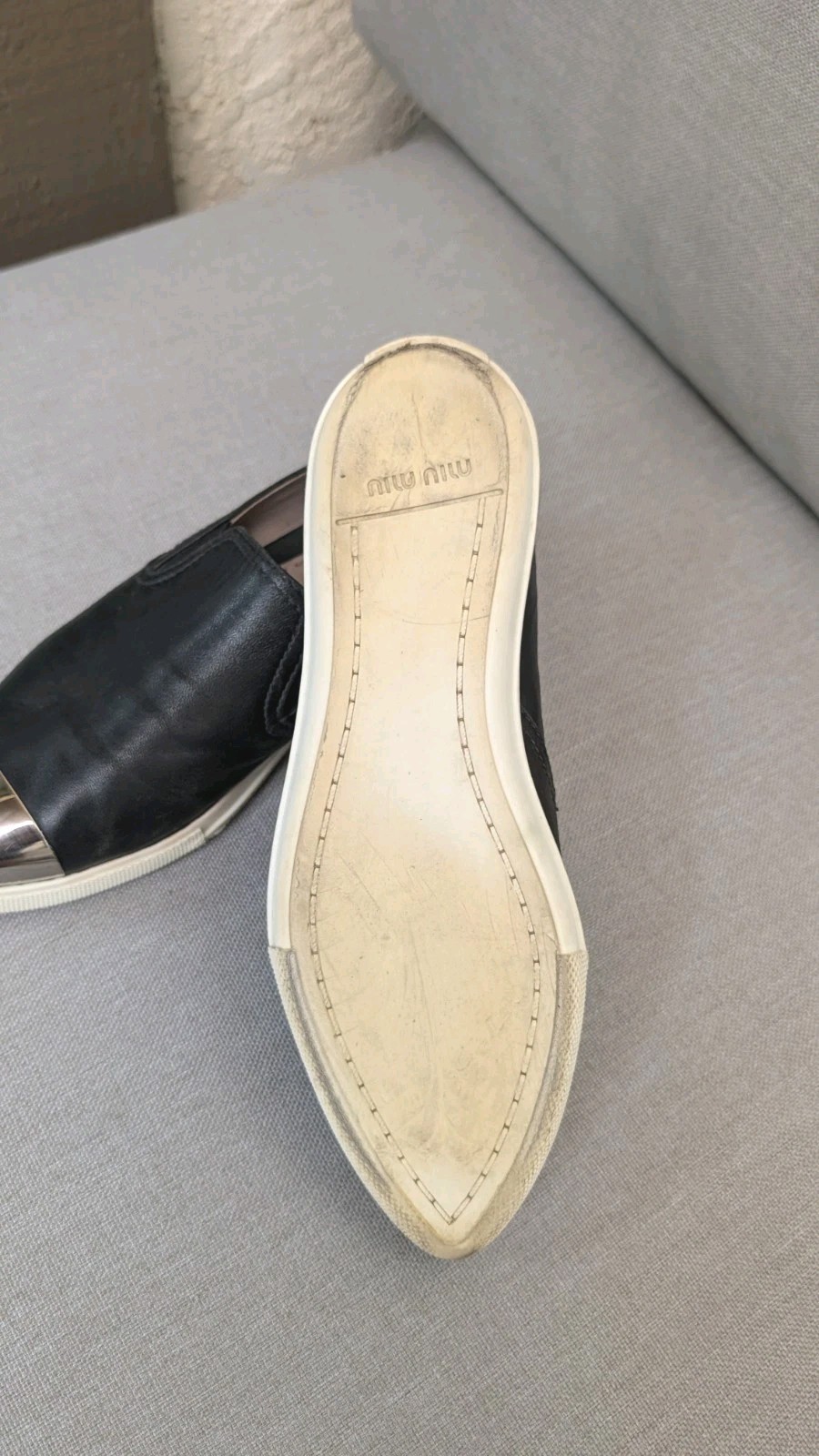 Miu Miu Black And Silver Pointed cap Toe Leather Loafers Slip On Size 37