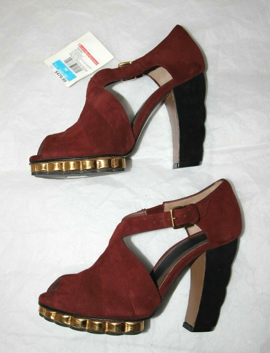 MARNI Sculptured Heels Gold Interwoven Platform Suede Sandal sz US 6/IT 36 $880