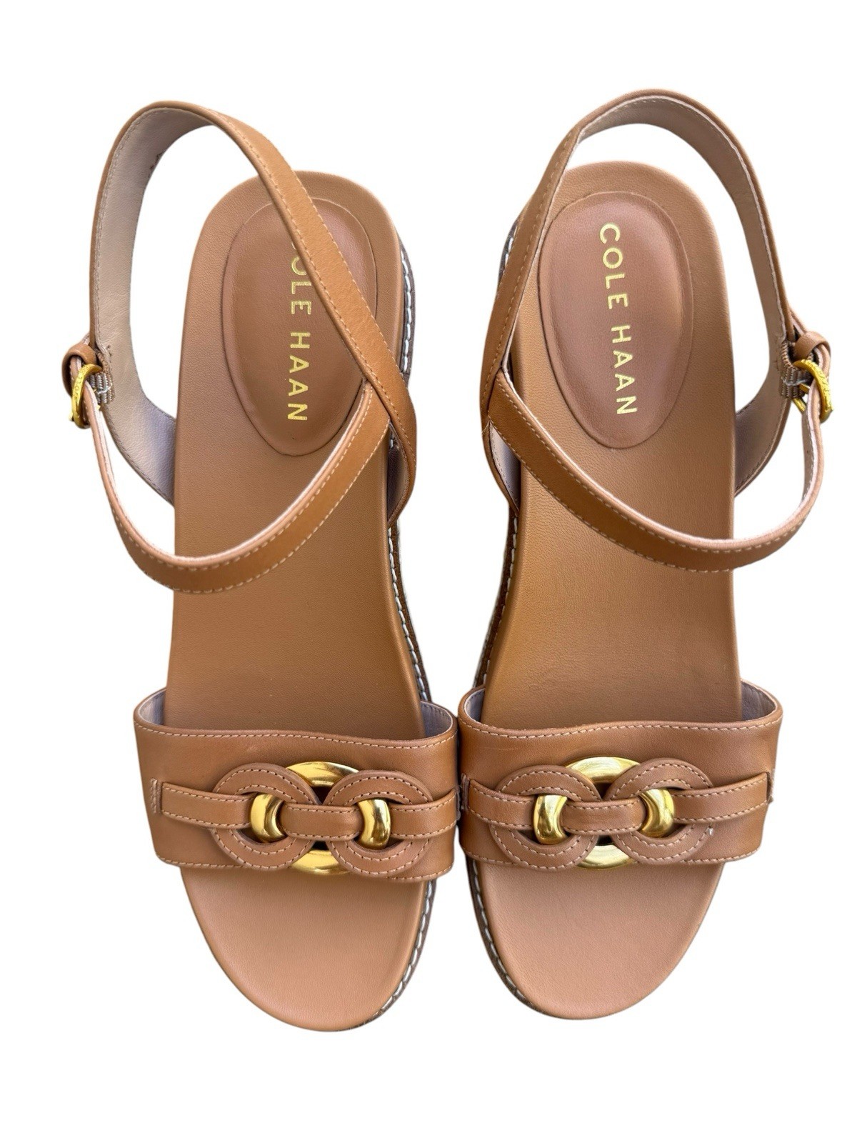 Cole Haan Leather Espadrille Wedge Sandals Size 8 Cognac Brown Gold Hardware