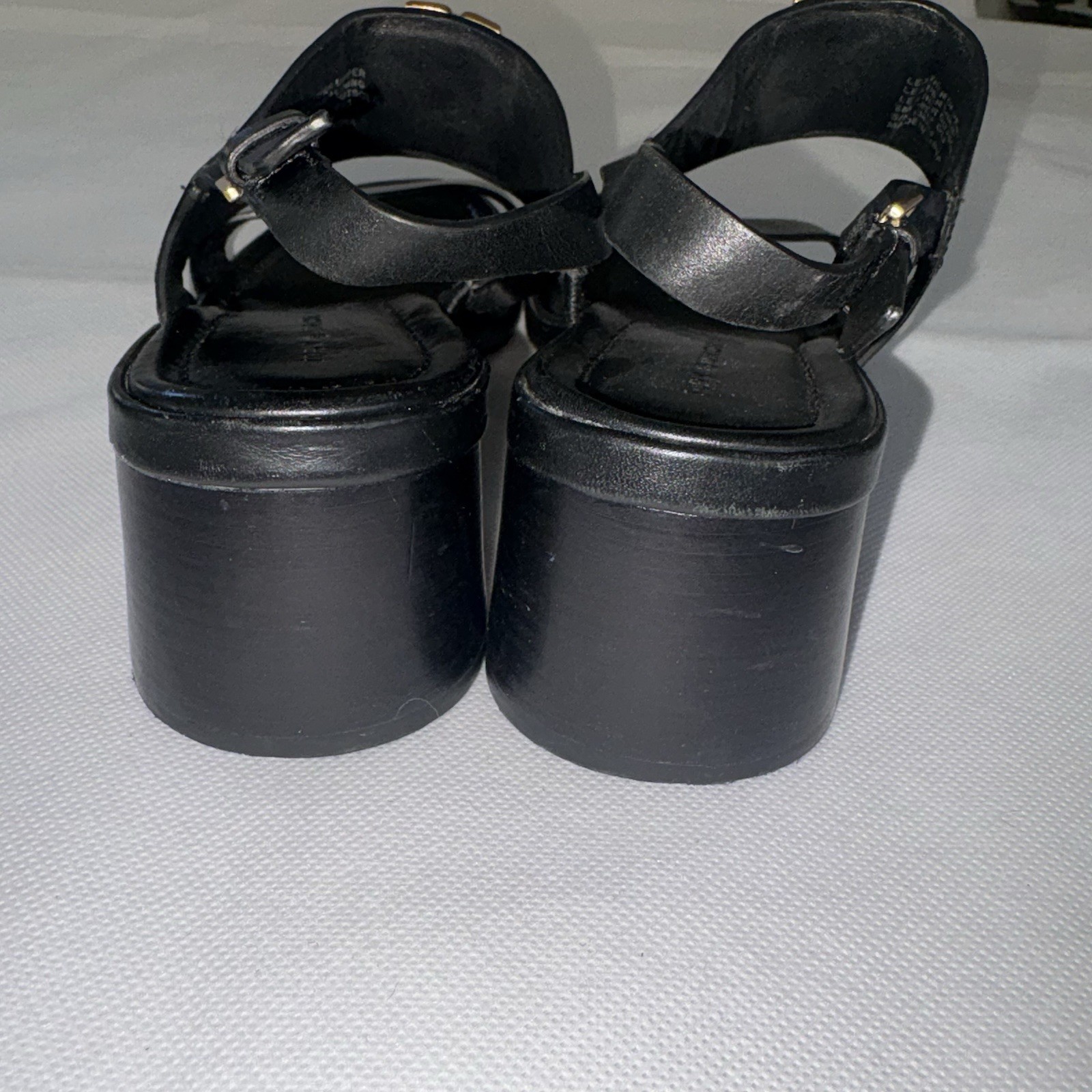 Tory Burch Eleanor Black Leather Block Heel Slingback Sandals US 6 Gold Logo