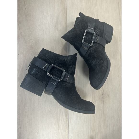 Black Textured Moto Ankle Boots Size 7 Harness Buckle Studded Back Zip Festival