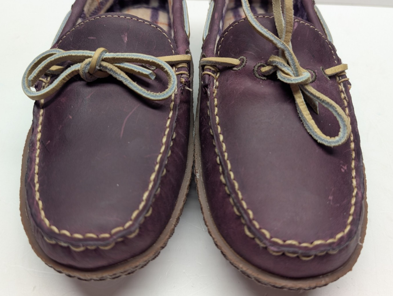 Sz 6M L.L.Bean Hand-Sewn Purple Leather Slippers, Flannel Lined #301104