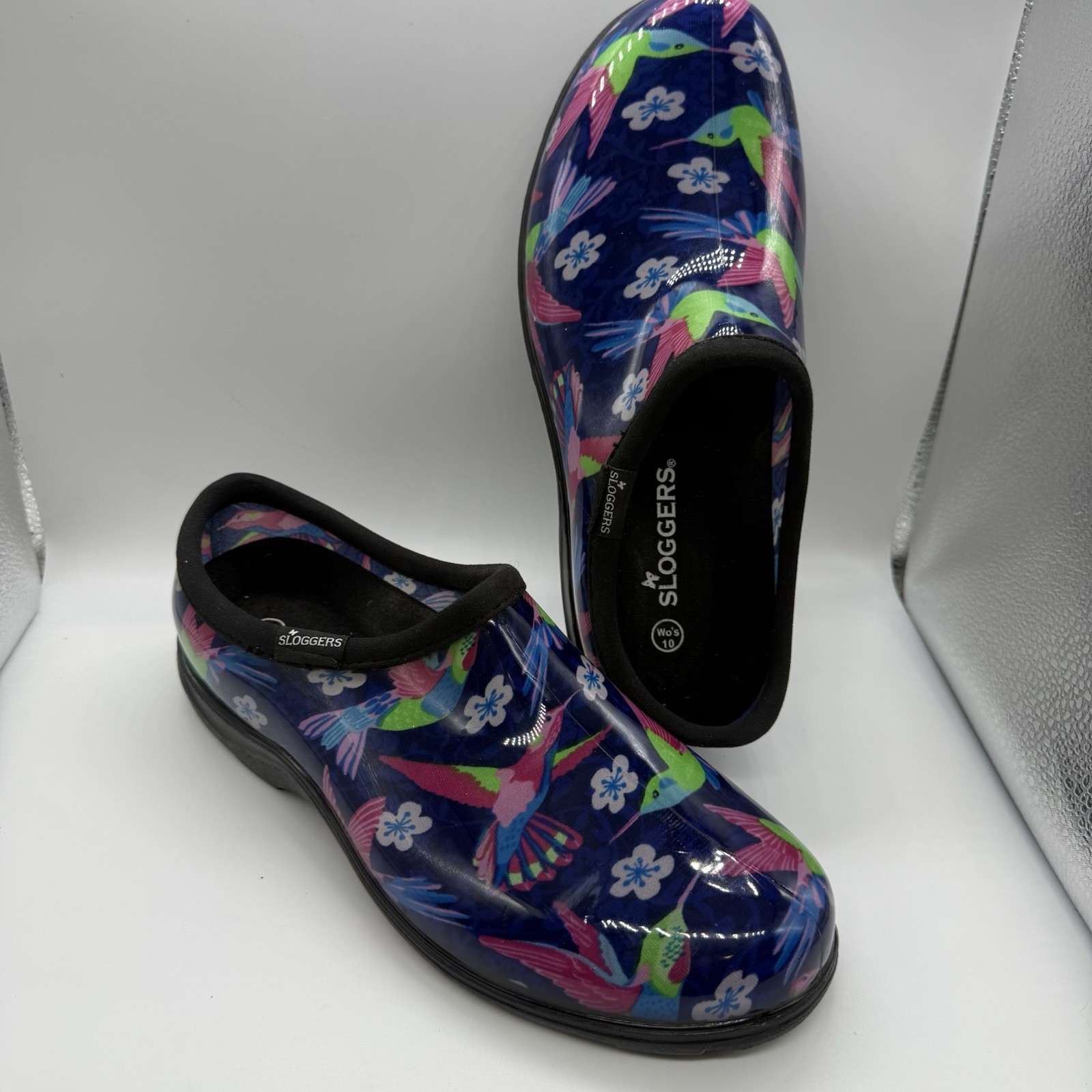 SLOGGERS (Sz 10) Clogs Shoes Garden Black Hummingbird Rubber Rain Waterproof