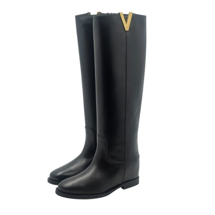 Via Roma 15 Black Leather Wedge Boots H 5 Cm Gold Art. 4268