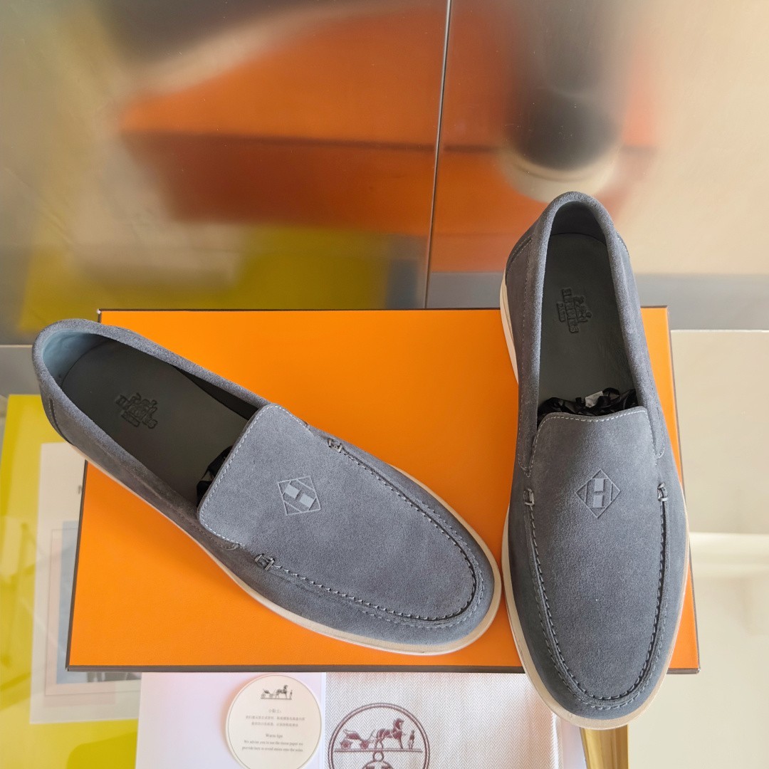 Hermes Grey Leather Low Loafers HDiamant Metal Logo Slip-On Daily Luxury 📽️