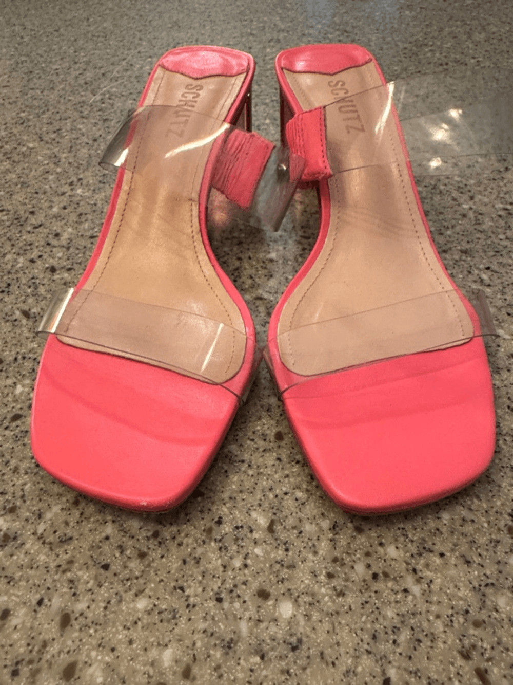 SCHUTZ Ariella Acrylic Mid Heel Mule Sandal Clear Vinyl Strap Pink