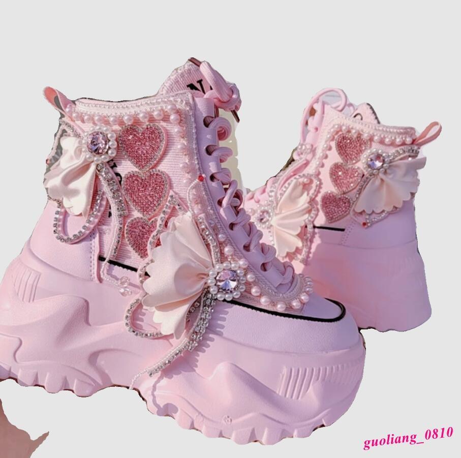 Platform Ankle Boots Women Pink Wedge Inside Sweet Diamond Shoe Lace Up Sneakers