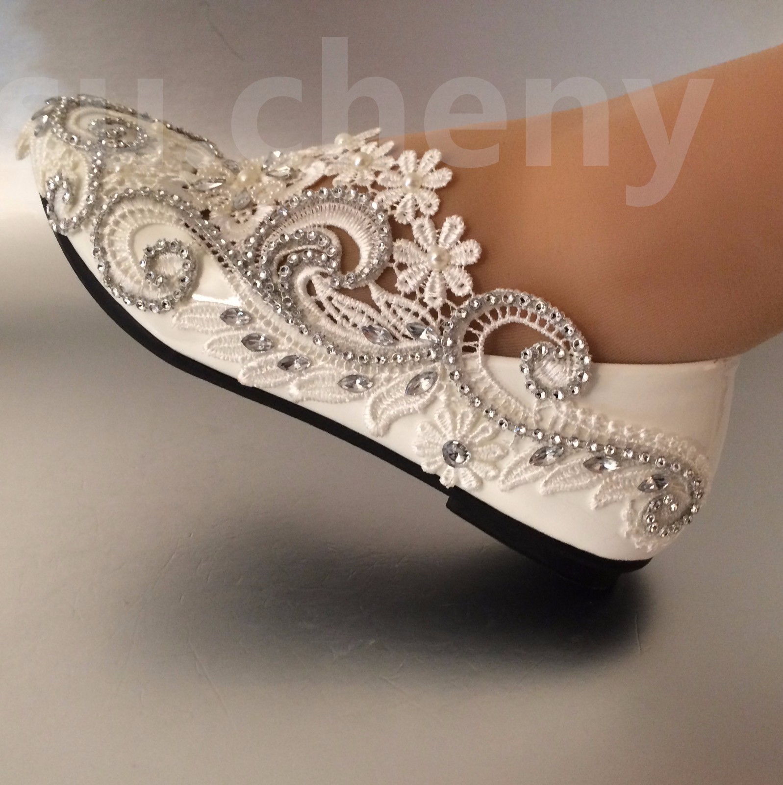 su.cheny White ivory pearls rhinestones lace flat Wedding shoes Bridal size 5-13