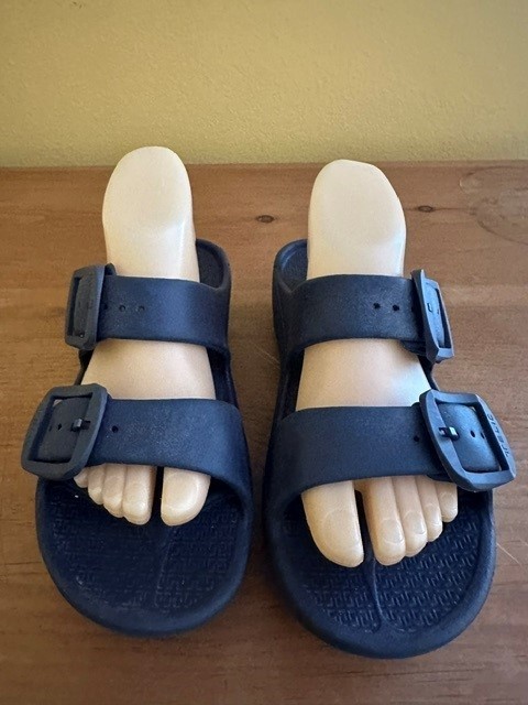 TELIC Navy Blue Recovery Slide Sandals Adjustable Buckle Comfort Size 8M