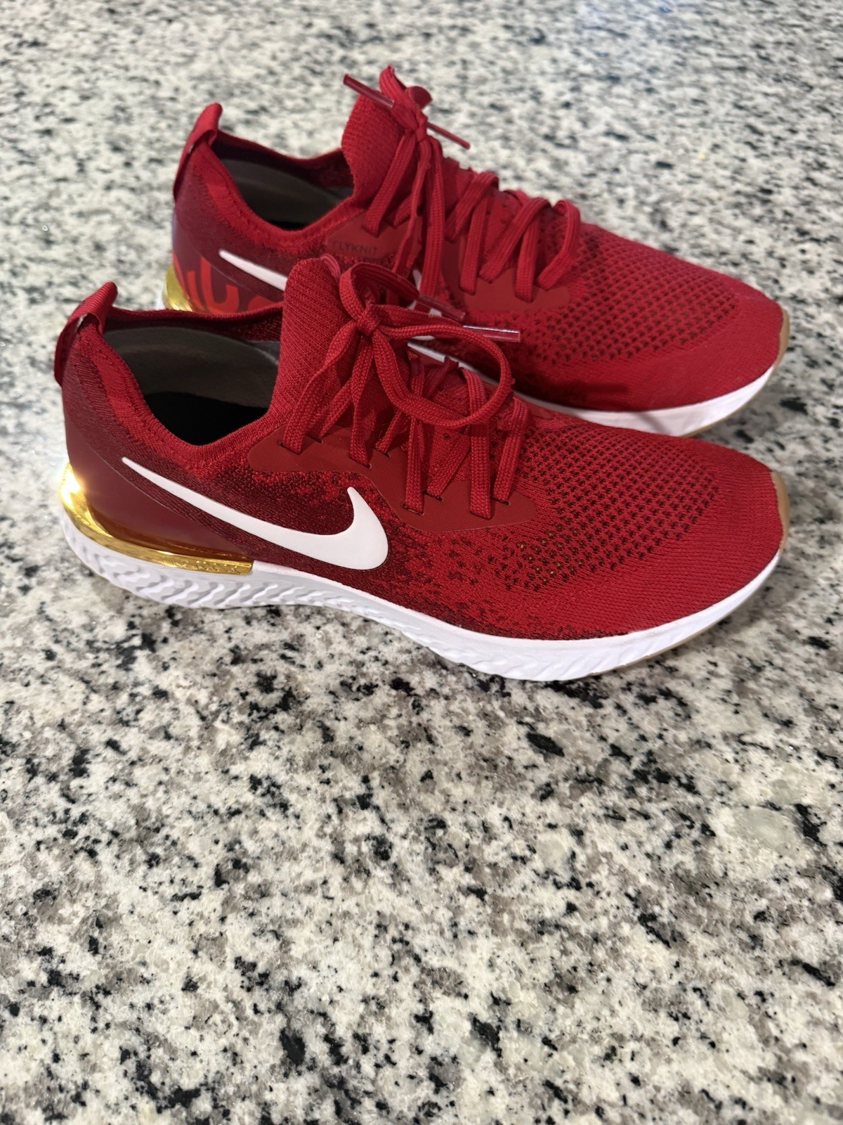 Size 9.5 – Nike Epic React Flyknit University Crimson, Metallic Gold, White