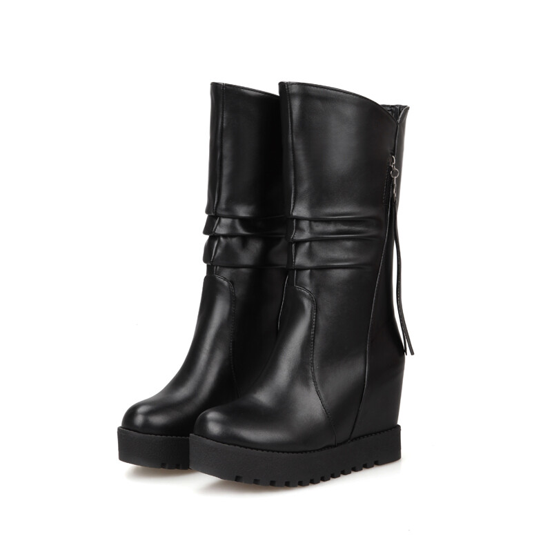 Womens Hidden Wedge Heels Leather Mid Calf Boots Slouch Casual Shoes All US 4-15