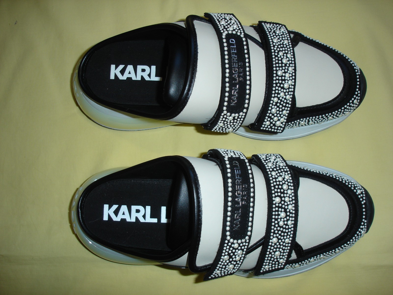 NWOT New Karl Lagerfeld Paris Embellished Pearls Slip On Black White Shoes 7