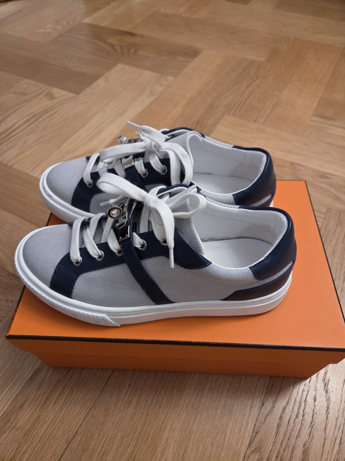 Authentic Hermès Day Sneakers in Bleu/Bleu Céleste featuring iconic Kelly Buckle