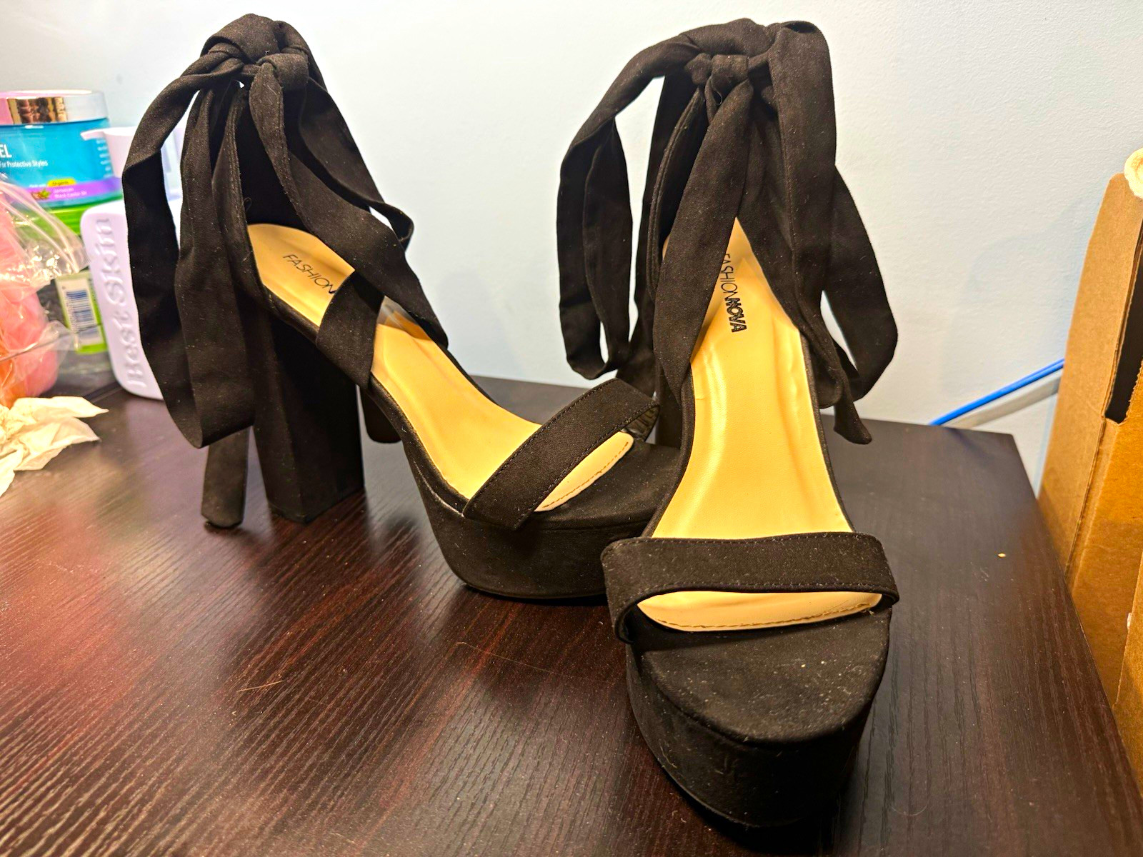 Fashion Nova Women’s Black Platform Block Heel Open Toe Tie Ankle Strap 10W