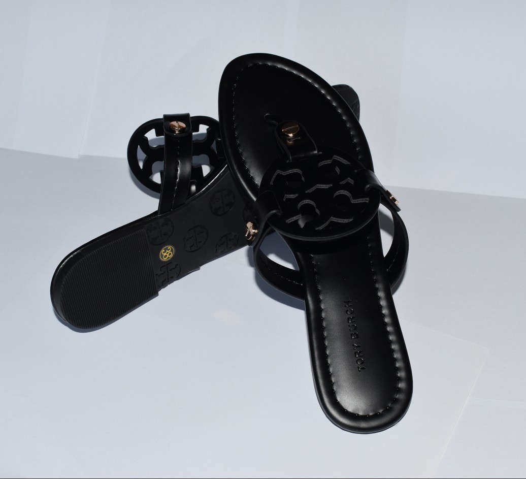 Tory Burch Miller Black Leather Thong Sandals, Classic Logo, Size US 6.5 NWOB