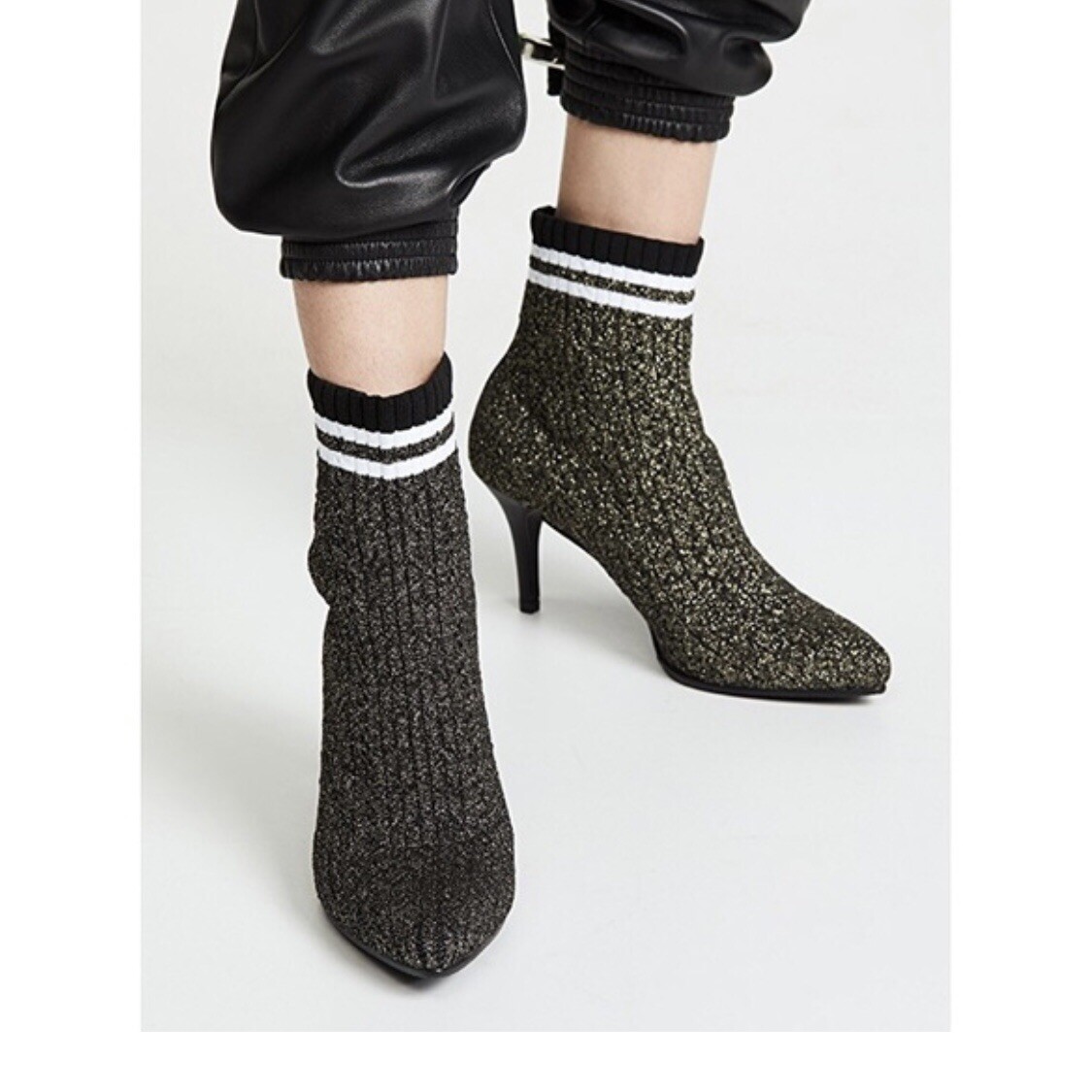 NEW $575 Stuart Weitzman Waverly Black Gold Metallic Stretch Sock booties Sz 6.5