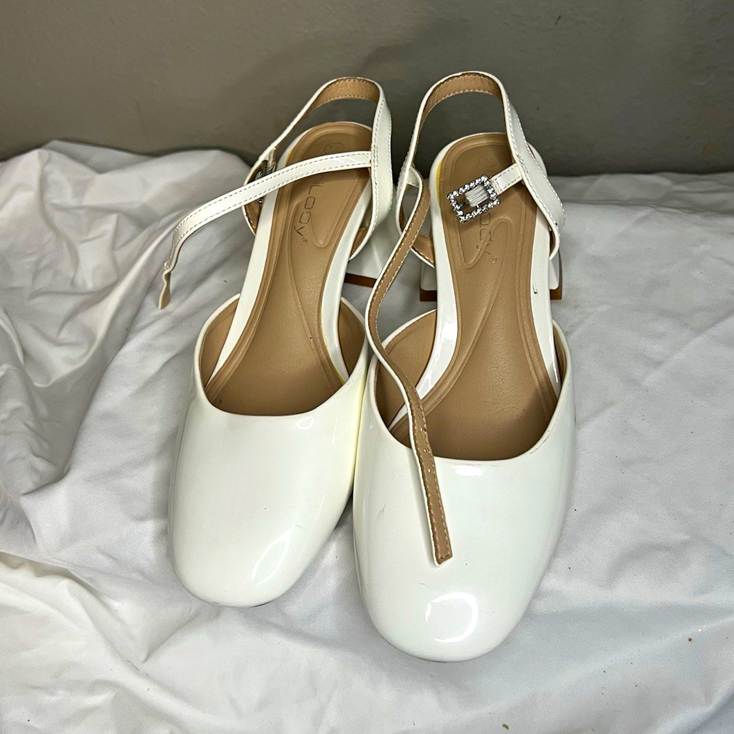 Kids White Synthetic Slingback Square Toe Ankle Strap Block Heel Pumps Buckle 8