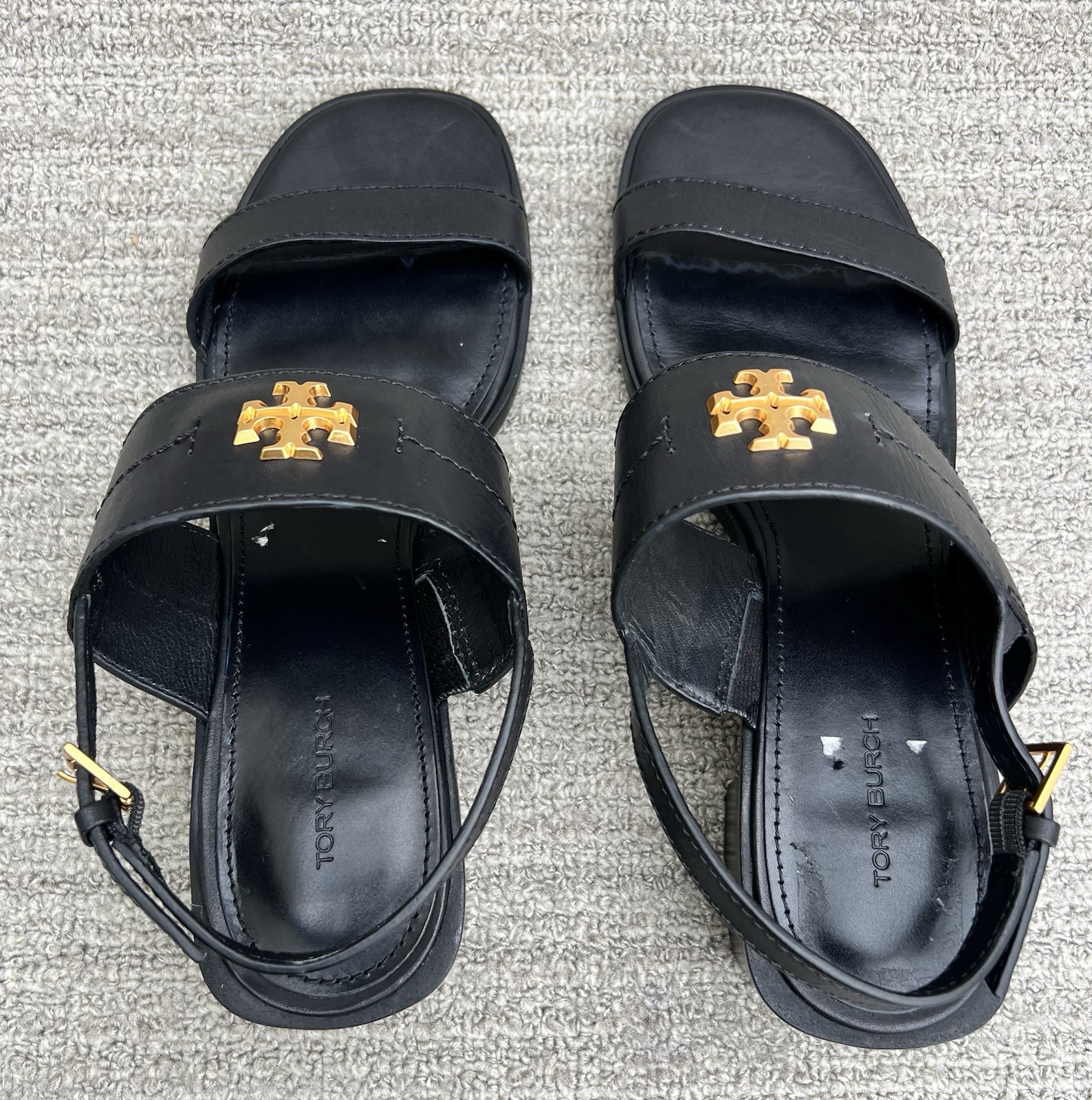 TORY BURCH Eleanor Block Heel Black Leather Sandals Women’s Size 10 US