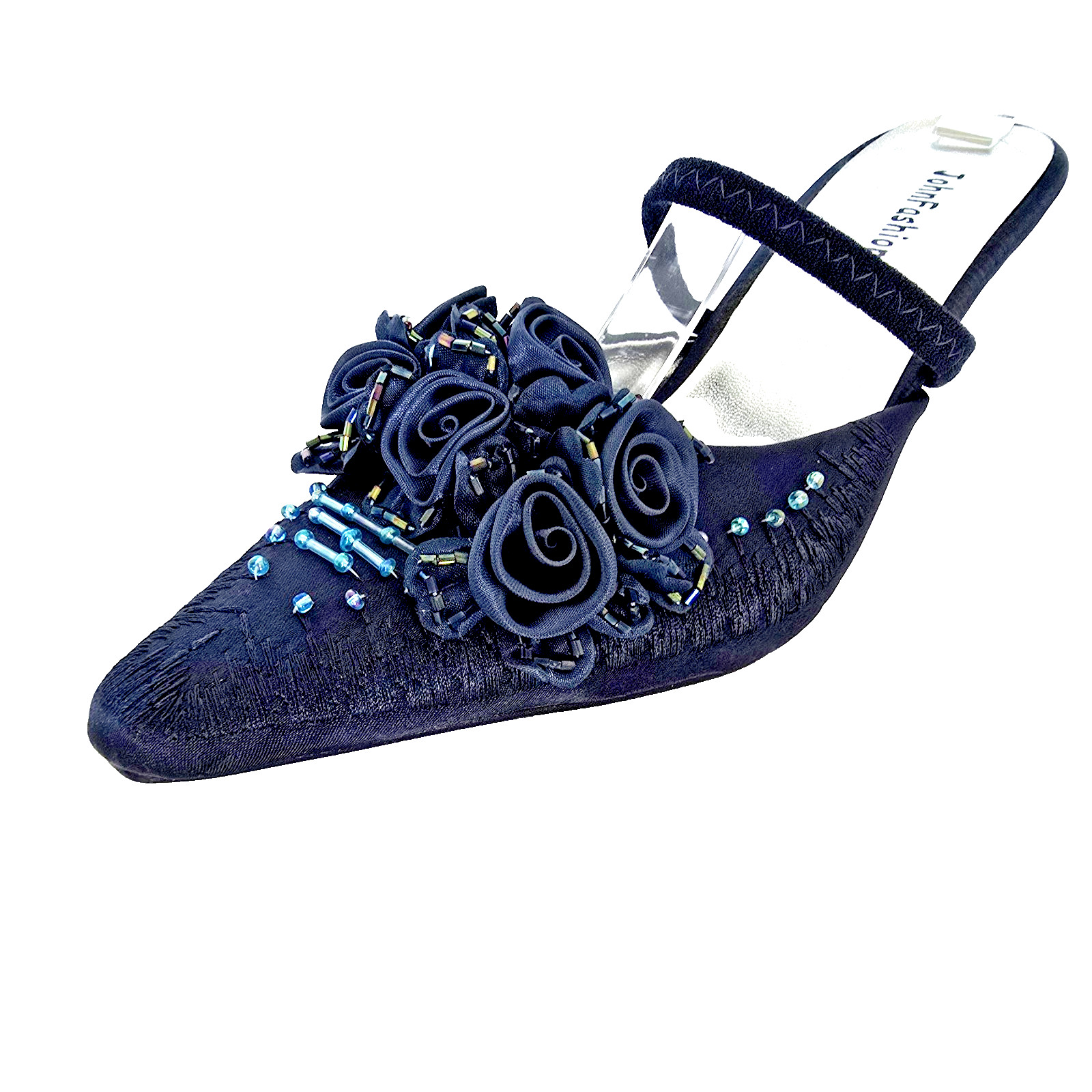 John Fashion A2009-C Teal Satin Slingback Stiletto Heels Size 8 Beaded Roses