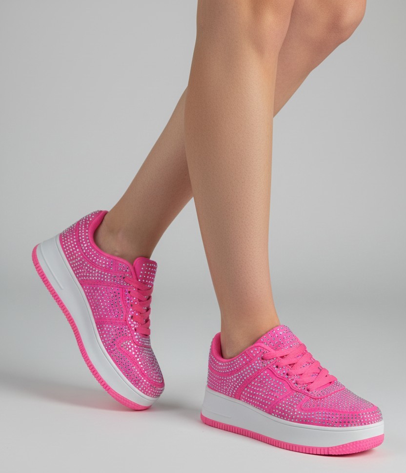 Berness Rhinestone Platform Women Sneakers Glitter Lace Up Tennis Eden Hot Pink