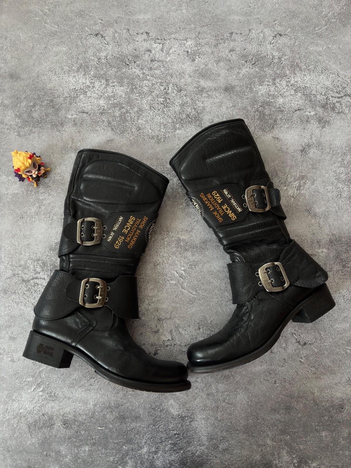 Vintage Biker Engineer Boots Black Leather Made in Spain Buckle Moto Punk Grunge