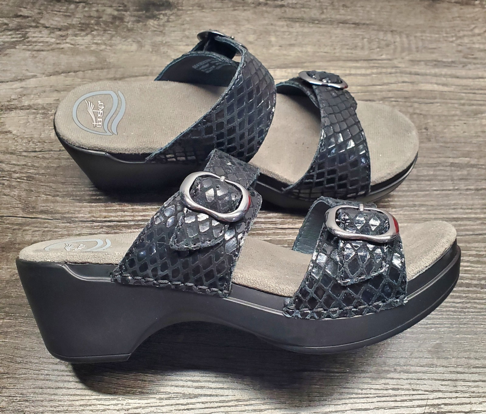 DANSKO Sophie Sandals Womens 37 6.5-7 Black Metallic Leather Comfort Shoes NEW