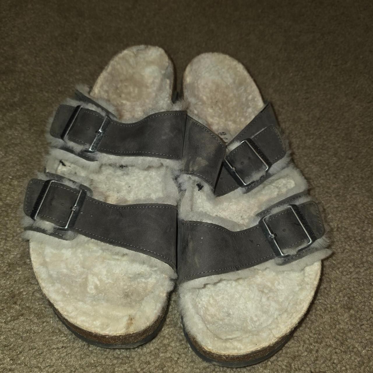 Birkenstock Shearling Lined Two-Strap Buckle Slide Sandals Leather Gray 38