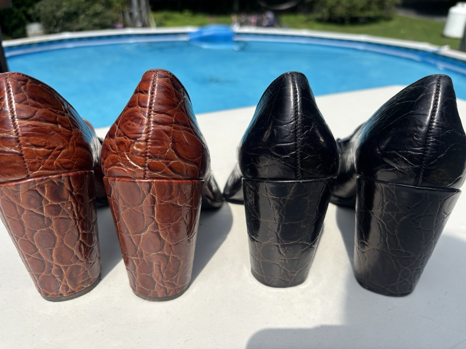 Enzo Angiolini Brown/Black Leather Croc Square Toe Block Heel Pumps 10. Two Pair