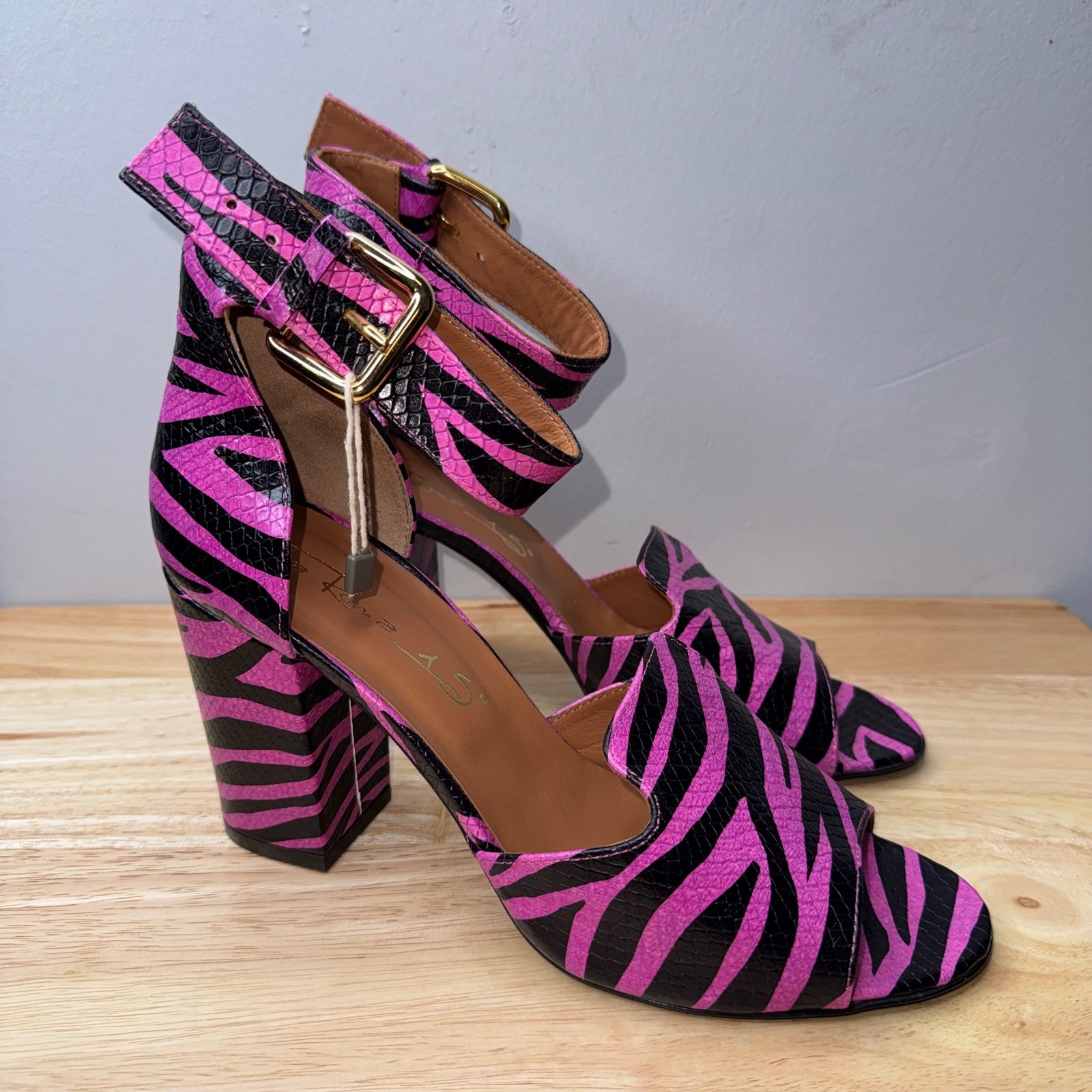 Via Roma 15 Pink Black Zebra Print Leather Block Heel Sandals Made in Italy 40