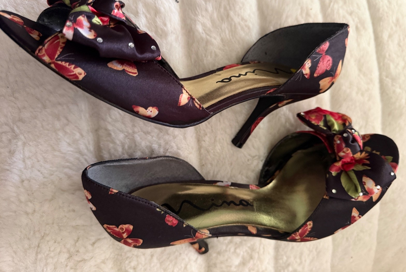 NINA SIZE 9 Floral Multicolor Satin Covered Heel Open Toe Rhinestone Bow D’Orsay