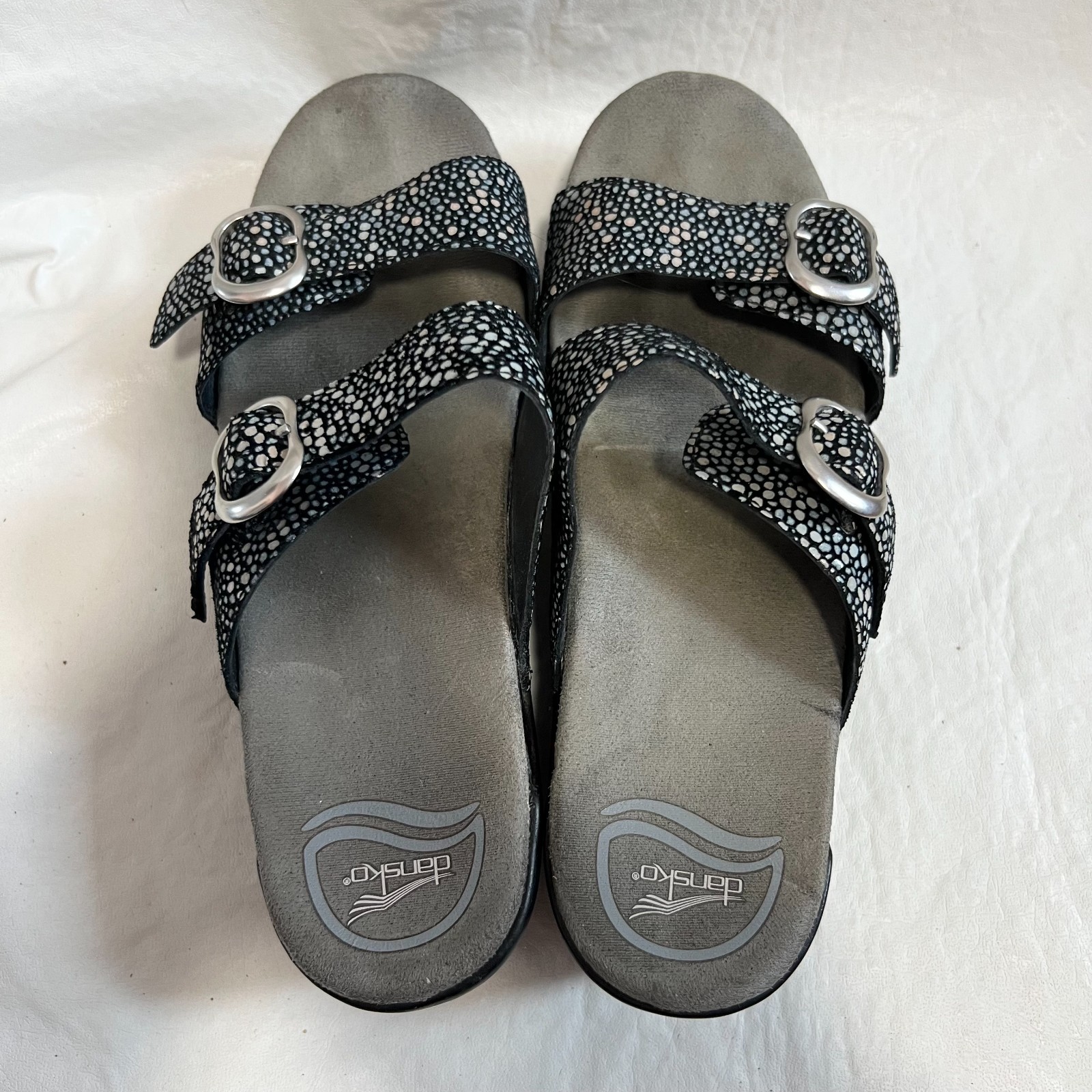 Dansko Sophie sandals black white pebble dot 39 8.5 9 two strap slide clog
