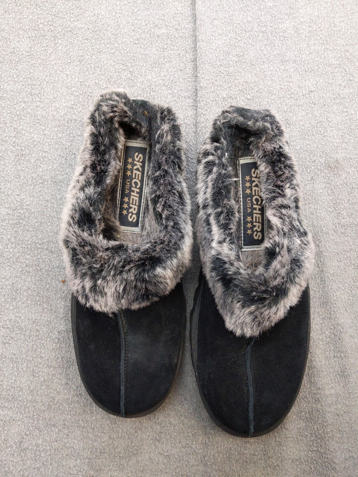 Skechers Asana Clog Shoes Womens 7.5 Black Suede Faux Fur Slippers 45708