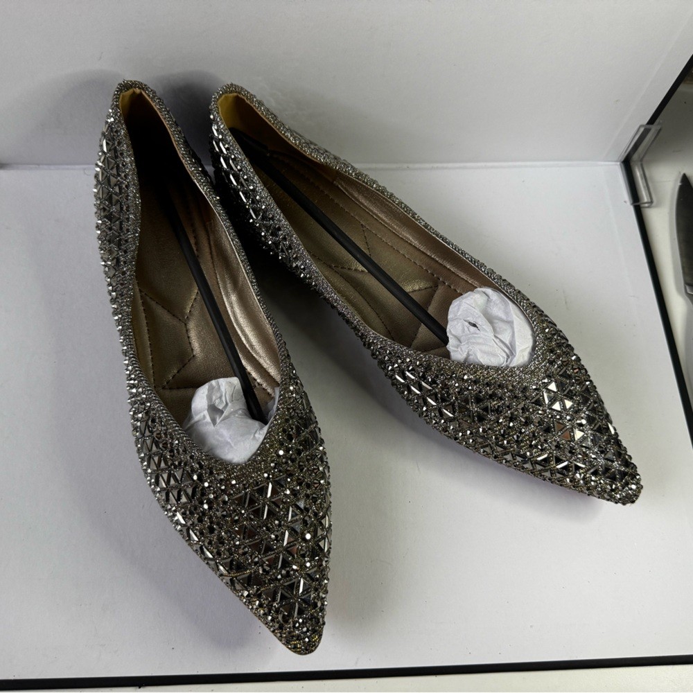 Embellished Rhinestone Pointed Toe Flats Silver Sparkly Dress Shoes Size 7 new