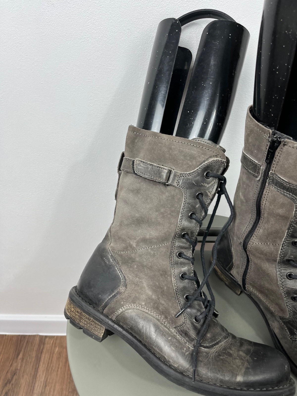 Gray Distressed Combat Lace-Up Zip Boots Avant-Garde Style EU 39