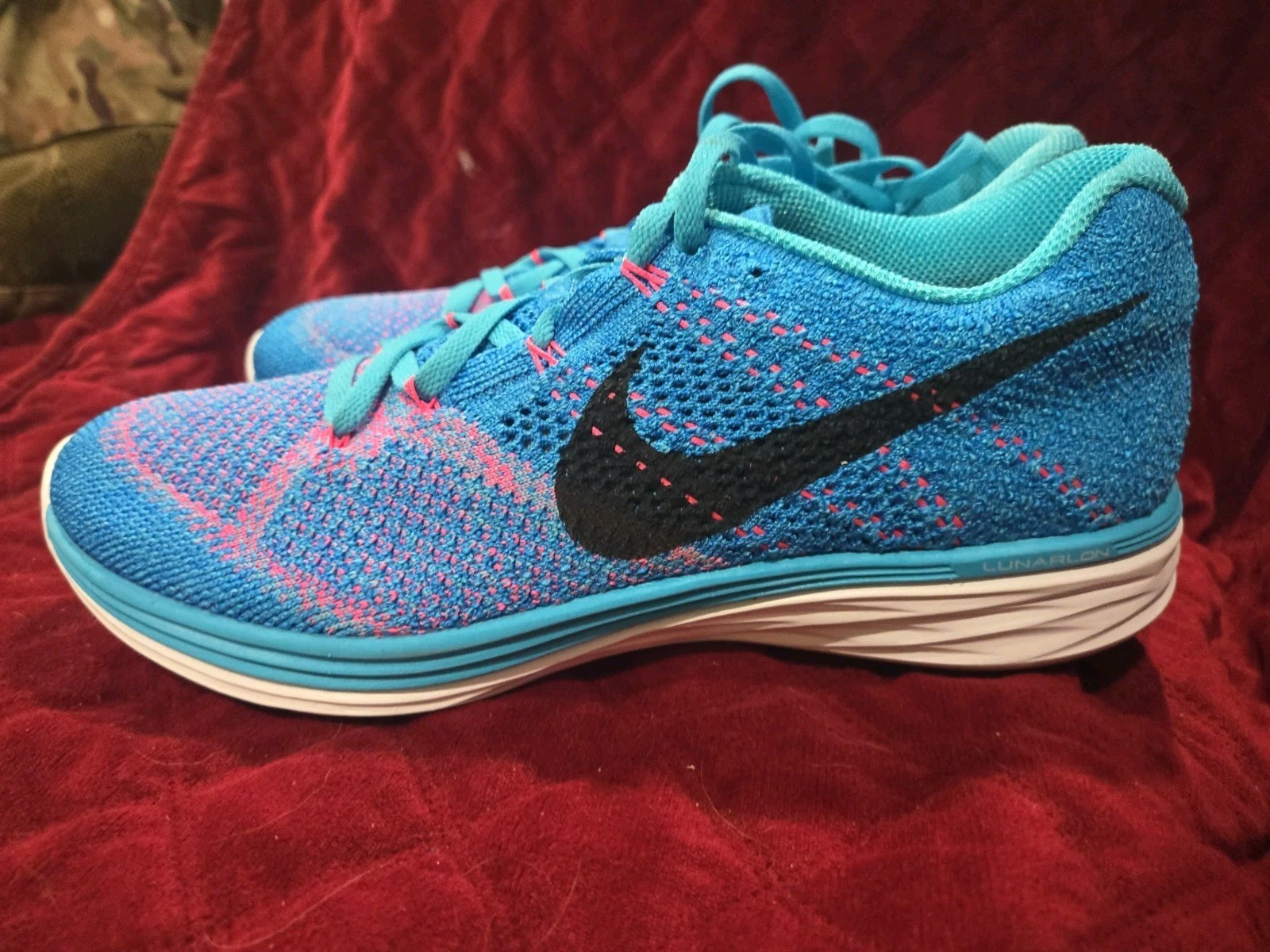 Nike Womens Flyknit Lunar 3 Gamma Blue Pink Black Running Sz 10 698182-406